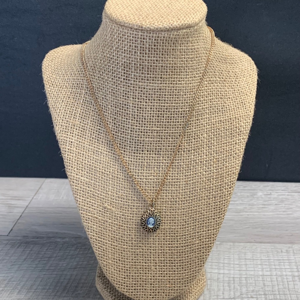 Vintage Blue Cameo Pendant Necklace Gold Tone Ornate Frame 18 Inch Chain